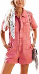 Women's Vintage Distressed Short Sleeve Zip Up Denim Jean Utility Jumpsuit Romper Shorts