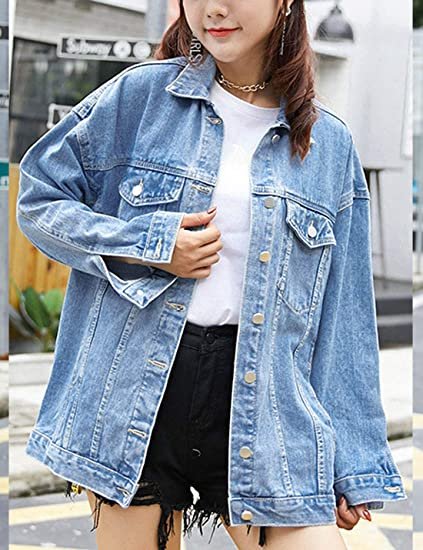 Women's Oversized Mid Long Denim Jacket Jean Biker Coat