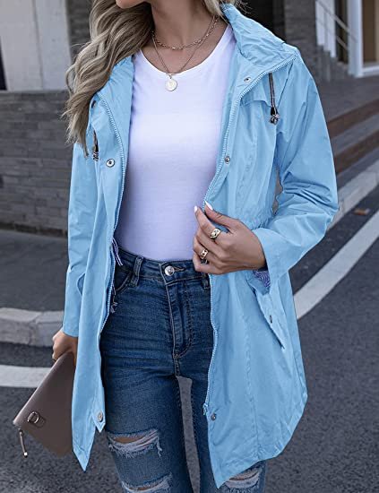 Rain Jacket Women Striped Lined Hooded Lightweight Raincoat Outdoor Waterproof Windbreaker