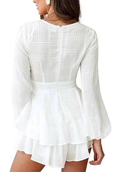 Women's Floral Print Deep V-Neck Romper Double Layer Ruffle Hem Jumpsuits Long Baggy Sleeves