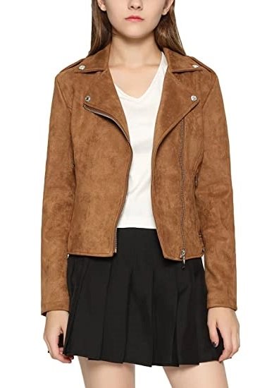 Women's Stylish Notched Collar Oblique Zip Suede Leather Moto Jacket